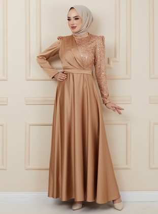 Camel - Unlined - Crew neck - Modest Evening Dress - Olcay