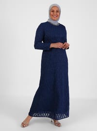 Silvery Stone Detailed Plus Size Hijab Evening Dress Navy Blue