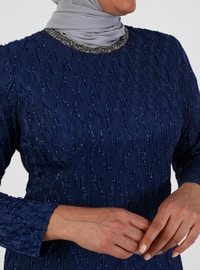 Silvery Stone Detailed Plus Size Hijab Evening Dress Navy Blue