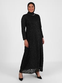 Silvery Stone Detailed Plus Size Hijab Evening Dress Black