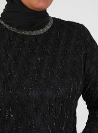 Silvery Stone Detailed Plus Size Hijab Evening Dress Black