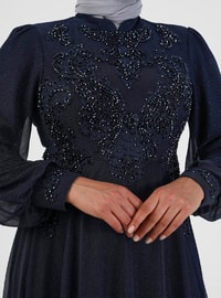 Silvery Stone Embroidery Plus Size Hijab Evening Dress Navy Blue