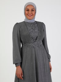 Gray - Silvery - Fully Lined - Crew neck - Modest Plus Size Evening Dress