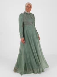 Green - Floral - Fully Lined - Crew neck - Modest Plus Size Evening Dress