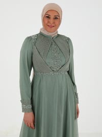 Green - Floral - Fully Lined - Crew neck - Modest Plus Size Evening Dress