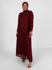 Silvery Stone Detailed Plus Size Hijab Evening Dress Burgundy