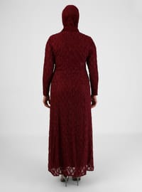 Silvery Stone Detailed Plus Size Hijab Evening Dress Burgundy