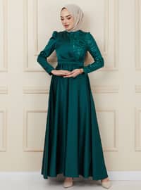 Satin Hijab Evening Dress Green With Flounce And Sequin Detail
