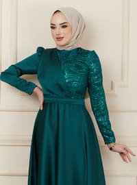 Satin Hijab Evening Dress Green With Flounce And Sequin Detail