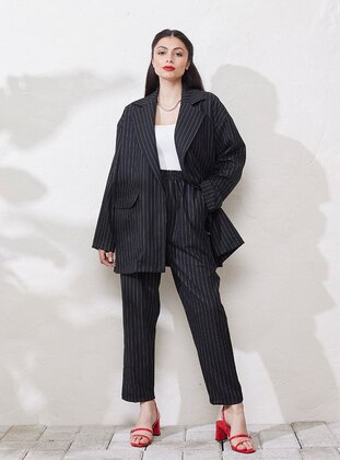 Black - Stripe - Unlined - Suit - Ceylan Otantik