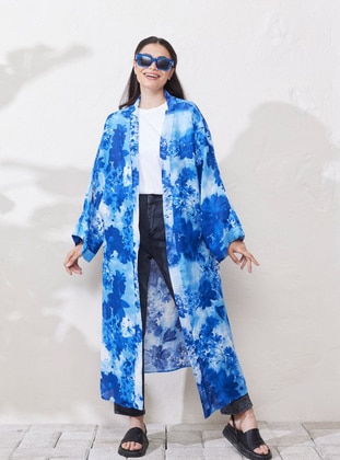 Unlined - Floral - Blue - Kimono - Ceylan Otantik