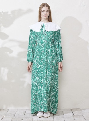 Green - Floral - Crew neck - Unlined - Modest Dress - Ceylan Otantik
