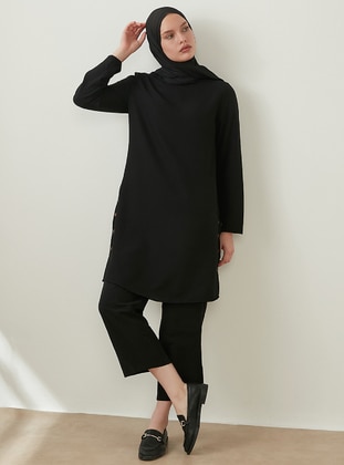 Long Oversized Tunic With Side Buttons Black