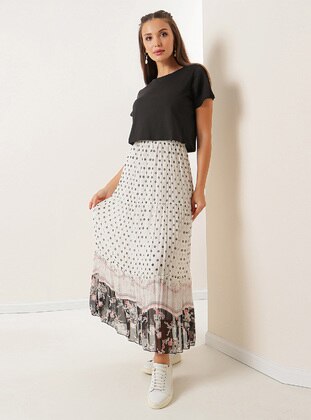 Elastic Waist Skirt Hem Floral Lined Polka Dot Chiffon Skirt Black