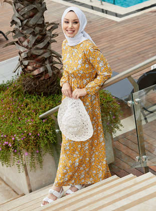 Patterned Modest Dress Mustard