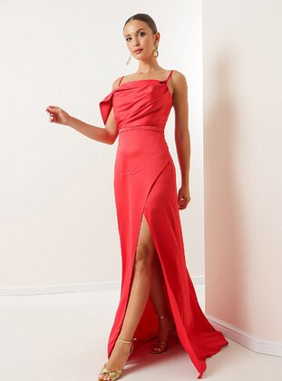 Fully Lined - Unlined - Red - Red - Evening Dresses - By Saygı