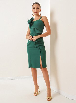 Fully Lined - Emerald - V neck Collar - Evening Dresses - By Saygı