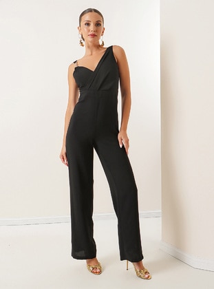 Unlined - Double-Breasted - Black - Evening Jumpsuits - By Saygı