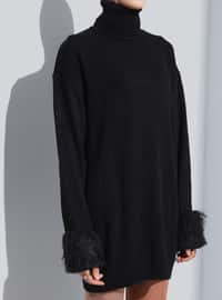 Sleeves Faux Fur Detailed Tunic With Turtleneck Black