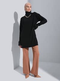 Sleeves Faux Fur Detailed Tunic With Turtleneck Black