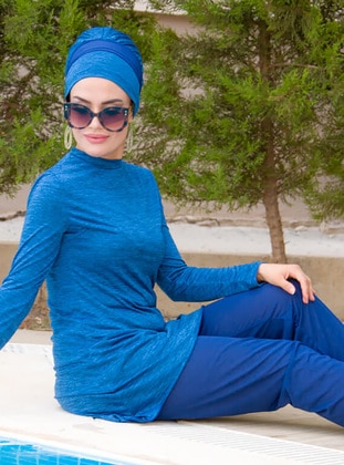 Blue - Full Coverage Swimsuit Burkini - AİŞE TESETTÜR