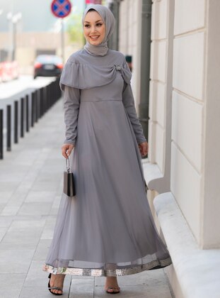 Gray - Fully Lined - Crew neck - Modest Evening Dress - Tofisa