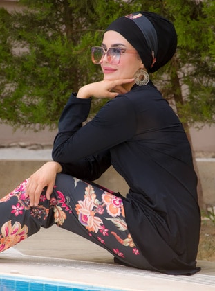 Black - Floral - Full Coverage Swimsuit Burkini - AİŞE TESETTÜR
