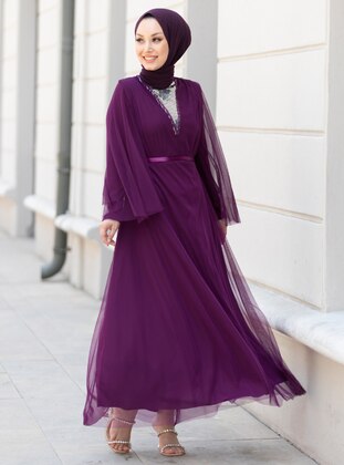 Purple - Fully Lined - Crew neck - Modest Evening Dress - Tofisa