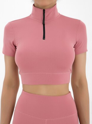 Half Zipper High Collar Women's Crop T Shirt Rose