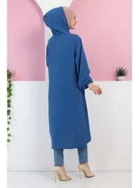 Blue - Unlined - Crew neck - Plus Size Topcoat