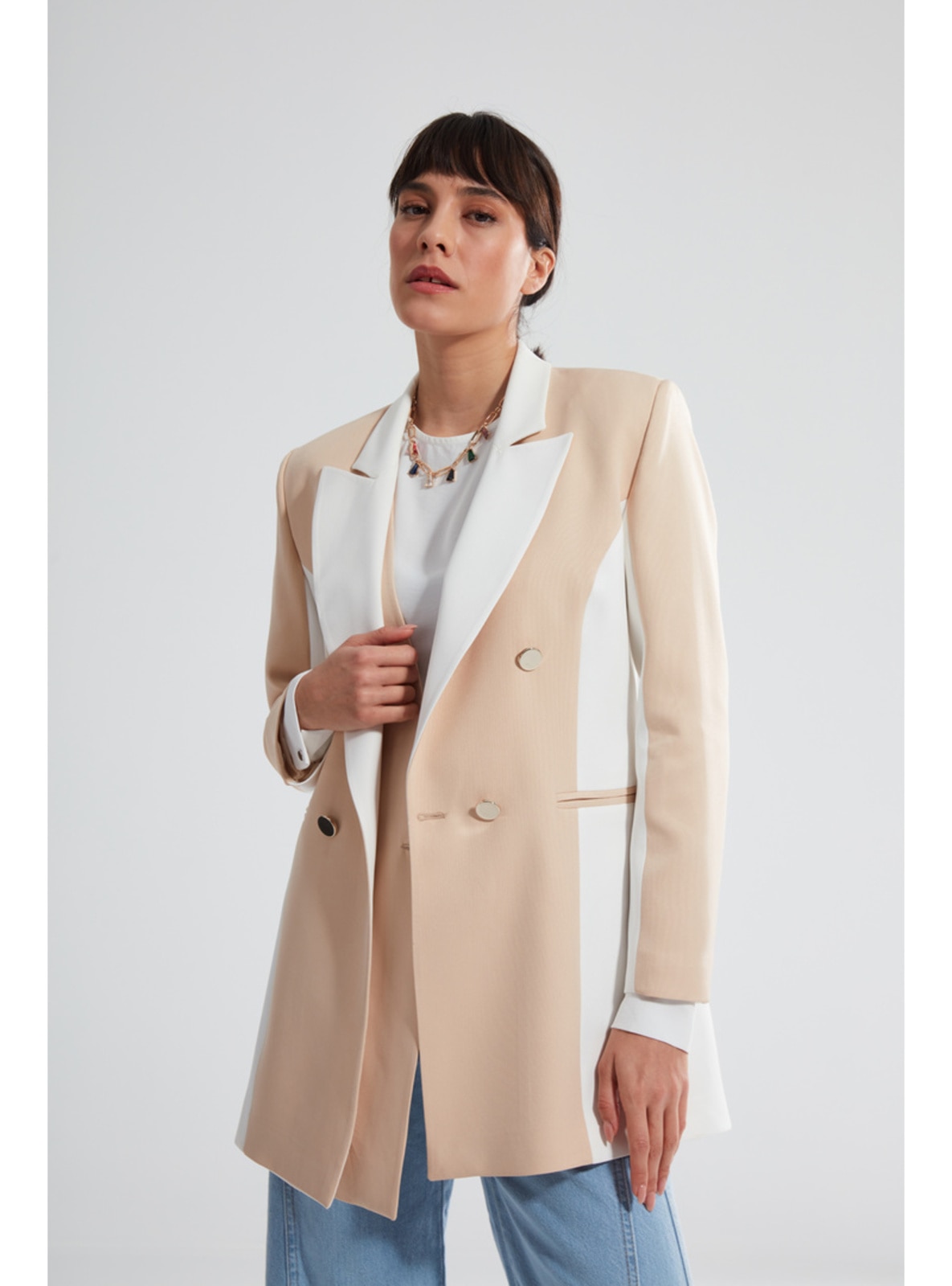 Beige - Fully Lined - Double-Breasted - Jacket