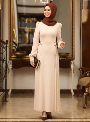Beige - Unlined - Crew neck - Modest Evening Dress - Azra Design