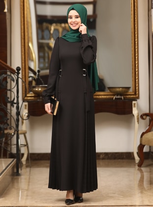 Black - Unlined - Crew neck - Modest Evening Dress - Azra Design