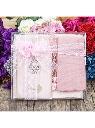 Gift Velvet Covered Yasin Book, Prayer Rug, Shawl, Pearl Rosary Tasbih, Acetate Box (26×23) Set-Pink