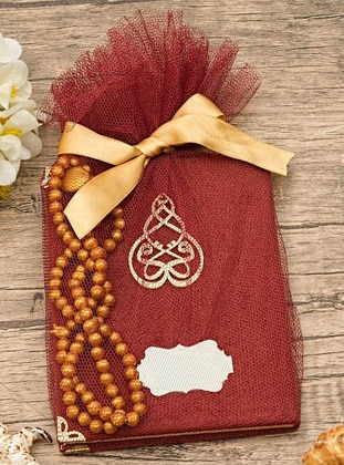 Gift Velvet Yasin Bag Size, Hearted Rosary Tasbih, Tulle Pouch Mawlid Package-Burgundy