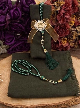 Gift Shawl - Pearl Rosary Tasbih - Personalized Plexi - Decorated With Ribbons - Green