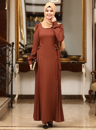 Brown - Unlined - Crew neck - Modest Evening Dress - Azra Design