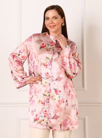 Plus Size Floral Patterned Satin Tunic Salmon