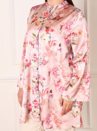 Plus Size Floral Patterned Satin Tunic Salmon