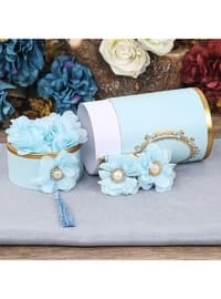 Gift Cylinder Box (18X10) And Silvery Shawl Set - Blue