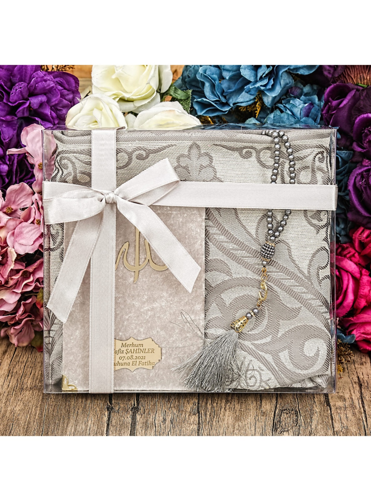 Gift Prayer Rug, Velvet Yasin , Pearl Rosary Tasbih, Islamic Gift Set With Acetate Box (26×23) - Gray