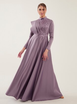 Lilac - Fully Lined - Crew neck - Modest Evening Dress - Nurgül Çakır