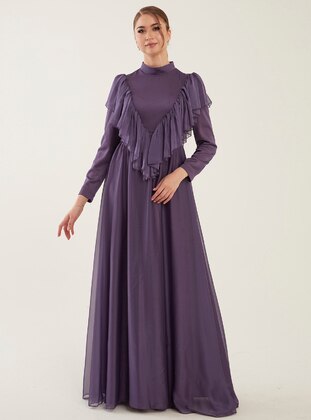 Purple - Fully Lined - Crew neck - Modest Evening Dress - Nurgül Çakır