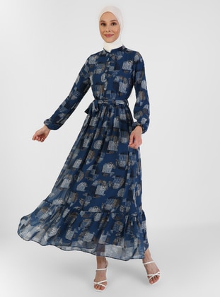 Button Detailed Patterned Dress Navy Blue