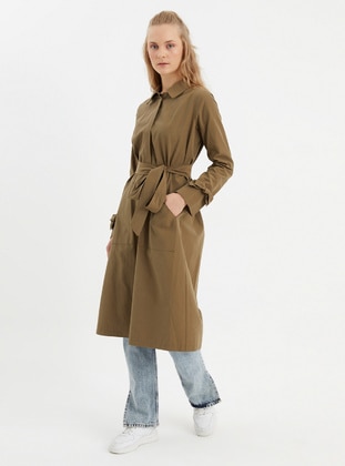 Green - Unlined - Point Collar - Trench Coat - XANZAD