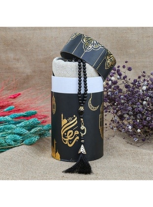 Cylinder Box & Pearl Rosary Tasbih & Taffeta Prayer Rug - Black