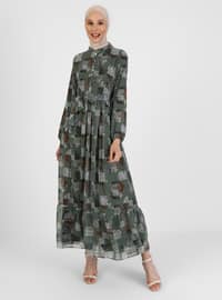 Green Almond - Multi - Crew neck - Fully Lined - Modest Dress