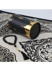 Cylinder Box & Pearl Rosary Tasbih & Taffeta Prayer Rug - Black