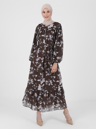 Fully Lined Balloon Sleeve Chiffon Modest Dress Brown Gray Floral
