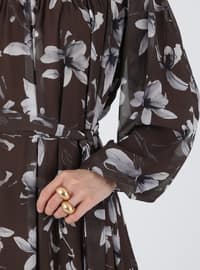 Fully Lined Balloon Sleeve Chiffon Modest Dress Brown Gray Floral